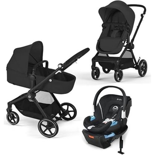 Cybex EOS 5-in-1 Travel Stroller + Aton 2 Infant Car Seat with SensorSafe & Load Leg – Converts from Carriage to Reversible Toddler Seat, Travel System Ready, Lightweight & Comfortable, Black/Black