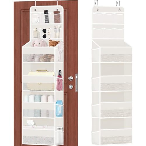 SpaceHacks 6-Tier Over the Door Organizer with Mesh Pockets, Baby Nursery Storage for Closet, Bathroom and Bedroom, Adjustable Hanging Closet Organizer for Cosmetics, Books and Essentials (Beige)