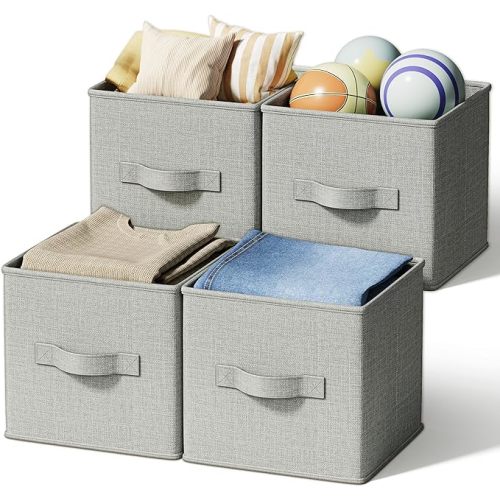 4 Pack Foldable Fabric Closet Storage Bins, 11Inch Organizer Cubes with Handles, Linen Storage Boxes for Clothes, Toys, Books and Home Organization,Gray