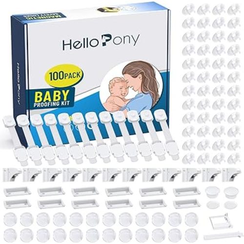 HelloPony Baby Proofing Kit-12Locks+2Keys Magnetic Cabinet Locks-12 Pack Adjustable Strip Cabinet Locks for Babies-24Pack Clear Corner Protectors for Baby-48Pack Clear Outlet Covers