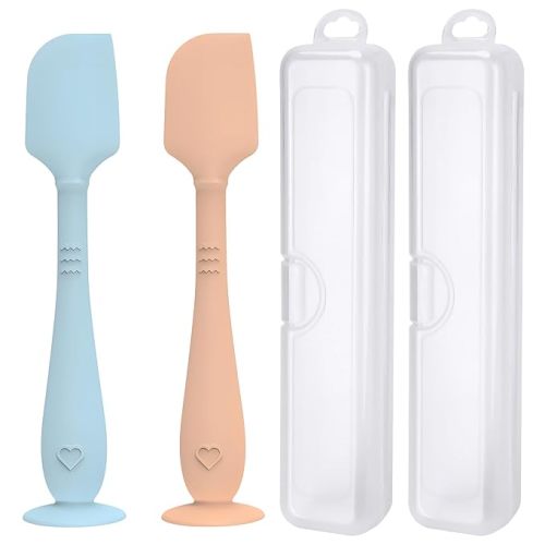2 Pack Diaper Cream Spatula with Hygienic Travel Case, Butt Spatula Baby with Suction Base, Baby Butt Paste Spatula, Soft Silicone Diaper Rash Cream Applicator Large Size (Blue & Offwhite)