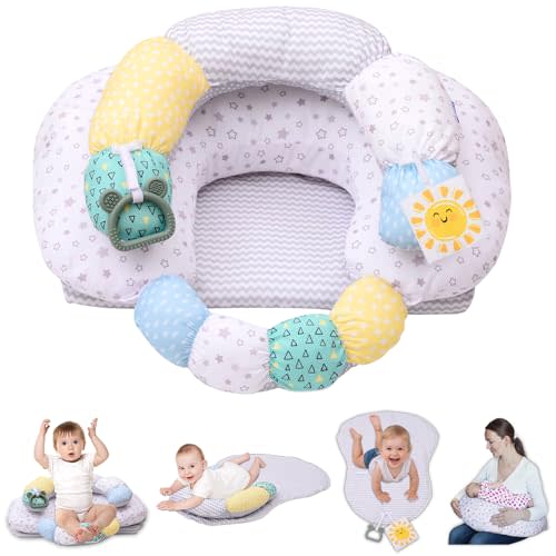 4-in-1 Tummy Time Mat & Seated Support Cushion, Detachable Nursing Pillow | Removable and Machine Washable Slipcovers, Baby Play Mat and Toys 0-24 Months,Breastfeeding with High, Firm, Large Area