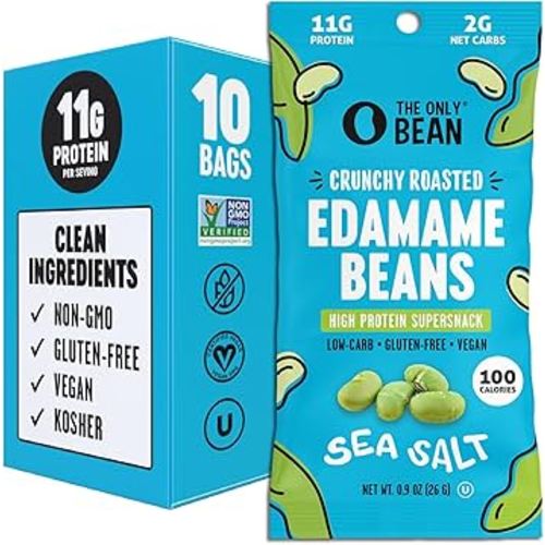 The Only Bean Crunchy Dry Roasted Edamame Snacks (Sea Salt), Healthy High Protein(11g) Keto Food, Low Carb Gluten Free Office Vegan Food 100 Calorie Snack Pack, 0.9oz 10 Pack