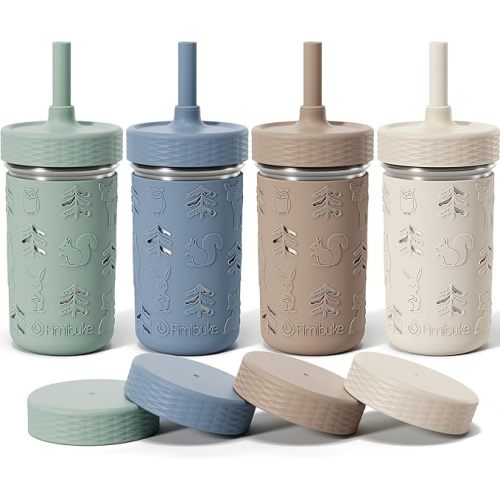Fimibuke Toddler Cups Spill Proof, 12 OZ Sippy Cups for Kid Girl Boy, Stainless Steel Tumbler with Lid, Removable Silicone Straw & Sleeve, BPA Free Dishwasher Safe Water Bottle Snack Container 4 Pack