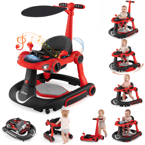 INFANS 6-in-1 Baby Walker, Converts Push Car to Bouncer, Rocker with Music, Lights, Adjustable Height & Speed, Activity Center, Canopy for 7-18 Months