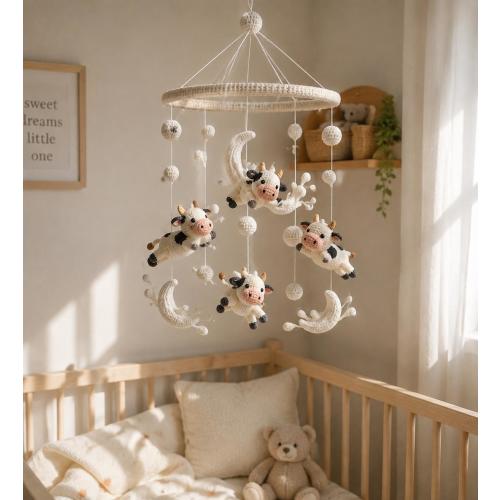 Crochet Cow Crib Mobile, Celestial Moon Nursery Decor, Farm Animal Baby Hanging
