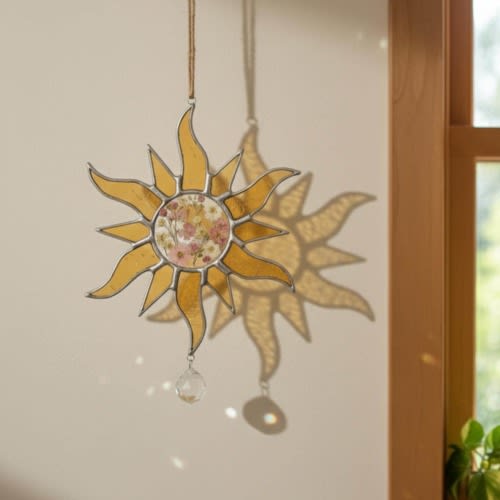 Sun Stained Glass Suncatcher with Pressed Flowers, Floral Window Hanging, Handmade Sun Ornament, Crystal Prism Gift