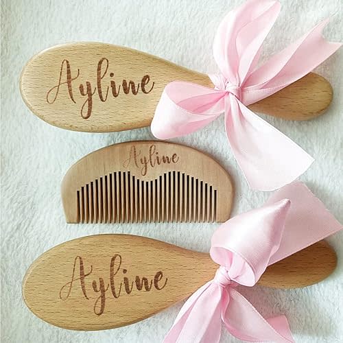 3Pcs Personalized Wooden Baby Hair Brush and Comb Bristles,Custom Newborn Soft Hair Baby Gift