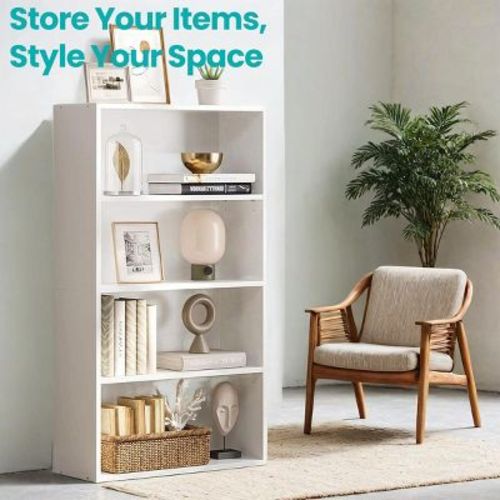 White 4-Tier Open Bookshelf, Adjustable Storage Shelves, Floor Standing Unit for Modern Home Organization