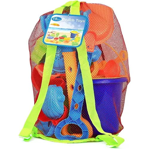 Click N' Play Beach Toys for Kids 3-10 - 18pc Sand Toys Including Sand Buckets for Kids with Sifter, Watering Can, Rake, 4 Hand Tools, 10 Sand Molds & Mesh Beach Toy Bag - Sandbox Toys for Toddlers