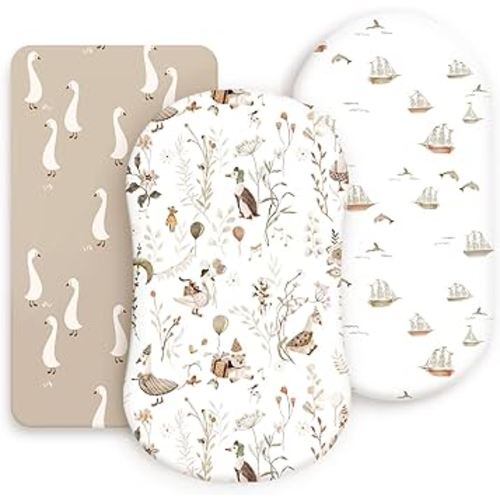 GRSSDER Stretchy Ultra Soft Fitted Bassinet Sheets 3 Pack, Universal Fitted for Oval Rectangle Bassinet Mattresses Safe and Snug, Stylish Bassinet Sheet Gender-Neutral Print for Baby