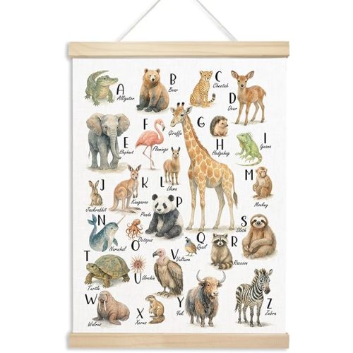 Xmsaitar Classroom Animals Zoo Alphabet Poster Hanger Frame Wall Decor, Cute ABC Prints for Wall Hanging Decor Art, Nursery Educational Banner for Kids Toddler Room Dorm Playroom Preschool 12x16in