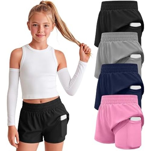 Halfchet 4 Pack Girl's 2 in 1 Shorts Athletic Quick Dry Active Elastic Running Soccer Training Sports Casual with Pocket