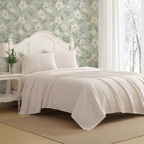 Laura Ashley - Twin Bed Sheets, Cotton Flannel Bedding Set with Matching Pillowcase, Brushed for Extra Softness, Deep Pocket, Oeko-Tex Certified (Oxfordshire Stripe Beige)