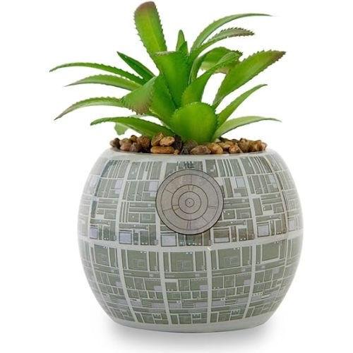 Toynk Star Wars Death Star 3-Inch Ceramic Planter with Artificial Succulent | Cute Small Flower Pot, Faux Indoor Plants
