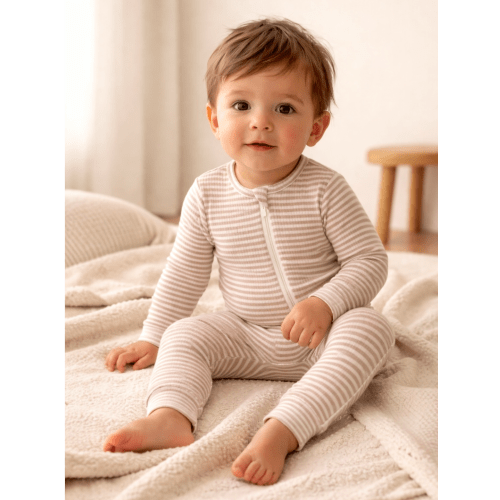 Tan Stripe / Ribbed 2-Way Zip Romper