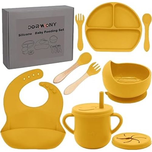 100% Silicone baby feeding set,BPA free Baby dishes set with Suction Bowl Divided Plate,Toddler Self Feeding Dish Set with Spoons Forks Sippy Cup And Bib, Baby Eating Utensils (Pumpkin)