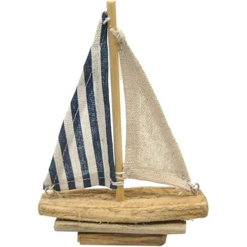The Bridge Collection Mini Rustic Wooden Sailboat Decor - Small Tabletop Boat Decor with Striped Sail - Boat Table Top Figurine for Nautical, Coastal Decor