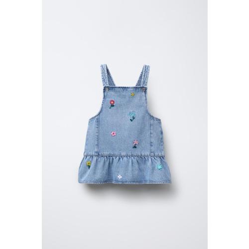 EMBROIDERED FLORAL DENIM PINAFORE DRESS - Blue | ZARA United States