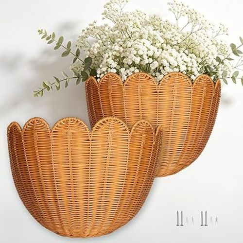 2PCS French Provence Scalloped Scallop Woven Wicker Wall Baskets Basket
