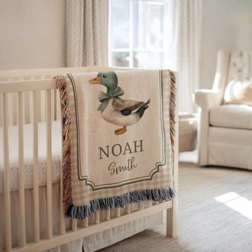 Custom Name Mallard Duck Woven Blanket, Personalized Baby Cotton Jacquard Throw, Vintage Nursery Decor, Heirloom New Baby Shower Gift