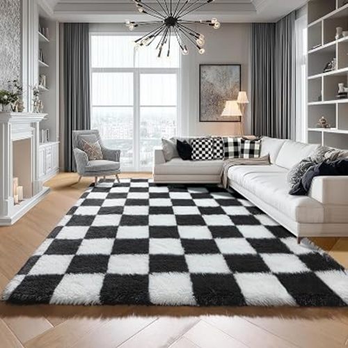KICMOR 5x7 Rug for Living Room Bedroom, Fluffy Black and White Area Rug Fuzzy Shaggy Floor Carpets, Big Large Soft Plush Checkered Rugs for Kids Girls Boys Room Dorm Nursery, Home Decor Aesthetic