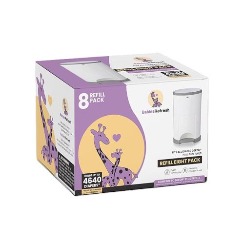 Refills Compatible with DEKOR PLUS Diaper Pail Refills | 8 Pack | Diaper Pail Odor Eliminator| Fresh Powder Scent | Each Diaper Bag Refill Holds up to 4640 Diapers | Diaper bin refill