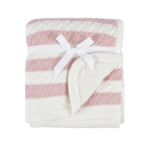 Modern Moments by Gerber Baby Boy or Girl Cable Knit Blanket with Sherpa, Pink Stripes