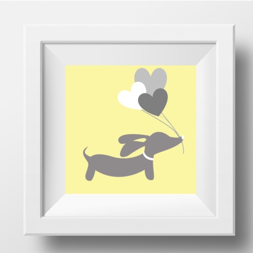 Yellow & Gray Dachshund with Balloons Print
