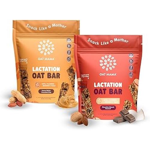 Oat Mama Lactation Bars Variety Pack | Peanut Butter Chocolate Chip & Chocolate Almond Coconut | Essential Breastfeeding Snacks with Oats, Flaxseed & Brewer’s Yeast | Milkflow Lactation Support