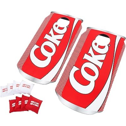 10-Piece Coca Cola Corn Holes Outdoor Game Set - Includes 2 Wooden Coke Can-Shaped Corn Hole Toss Boards with 8 Bean Bags (Red)