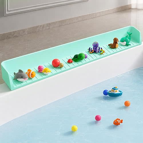 Kids Bathtub Splash Guard, Shelf & Toddler Bath Toy Tray - Green