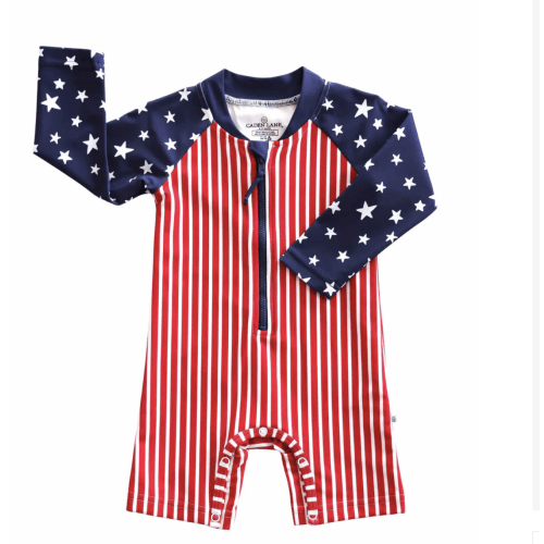 Long Sleeve Rash Guard Swim Romper Shortie | Stars & Stripes Party