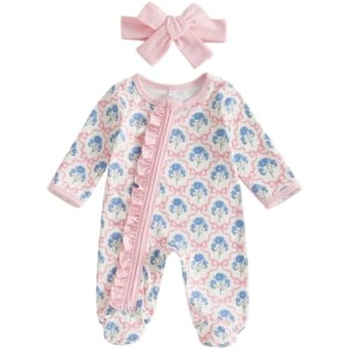 Newborn Baby Girl Footies Ruffle Zipper Footed Romper