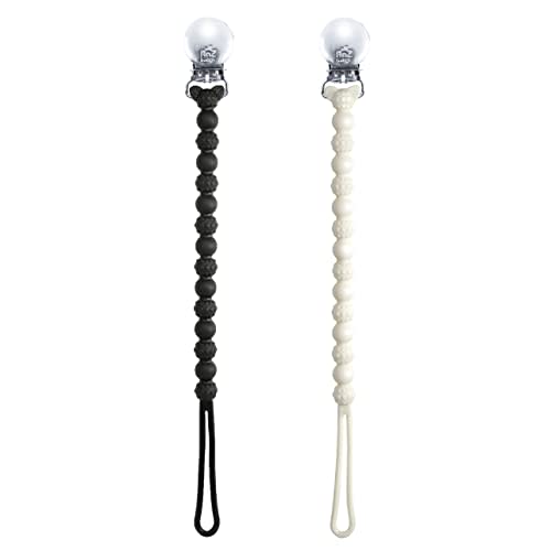 RaZbaby Silicone Pacifier Holder 2 Pack, RaZzies Durable Textured Lanyard Fits Most Pacis Toys, 100% Soft BPA-Free Silicone, Attachable Clasp, Universal Fit, Lightweight – Black/White