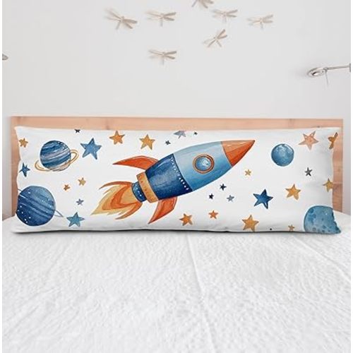 PQKIY Space Rocket Kids Body Pillow Covers 20x54,Space Nursery Decor,Fantasy Blue Spaceship Planet Star Long Body Pillow Case Cover with Hidden Zipper for Nursery Home Kids Boys Bedroom Playroom
