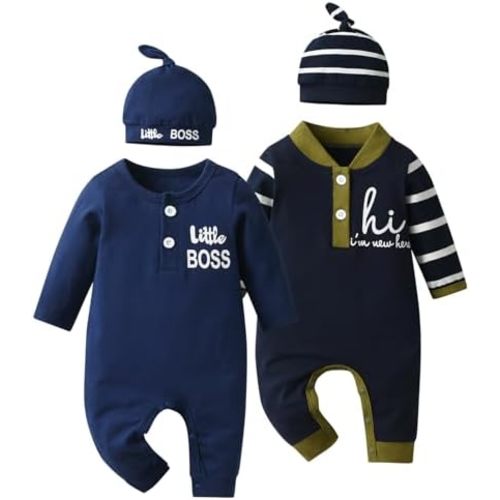 Kulcerry 2-Pack Newborn Baby Boy One-Piece Jumpsuits and Hats
