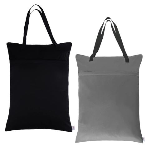 ALVABABY 2 Pack Large Wet Dry Bag Waterproof Hanging Cloth Diaper with Double Zippered Pockets 25x18 inches (Black and grey)