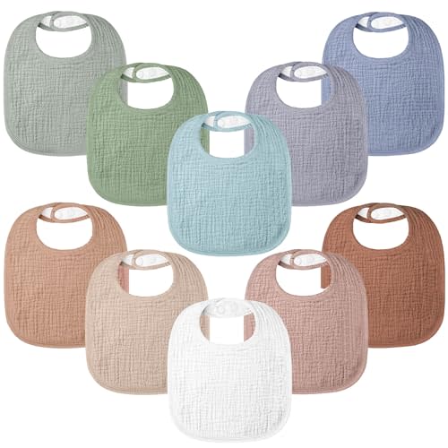 Bearmoss 100% Cotton 10 Pack Muslin Baby Bibs for Drooling and Teething | Soft Absorbent Adjustable Baby Bandana Bibs for Unisex Baby Boys, Girls, Toddlers, Infant, Newborns