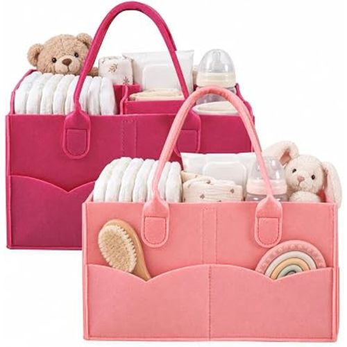 PandaEar 2 Pack Baby Diaper Caddy Organizer, Portable Diaper Holder Nursery Storage Basket for Wipes & baby stuff, Collapsible Baby Organizers with Divided Design (Red/Pink)