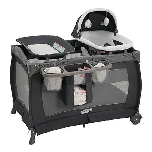 Pamo Babe Pack and Play 4-in-1 Baby Playard with Bassinet & Changing Table, Foldable Portable Playpen with Mattress, Nursery Center for Newborn to Toddler 0-36M-Grey