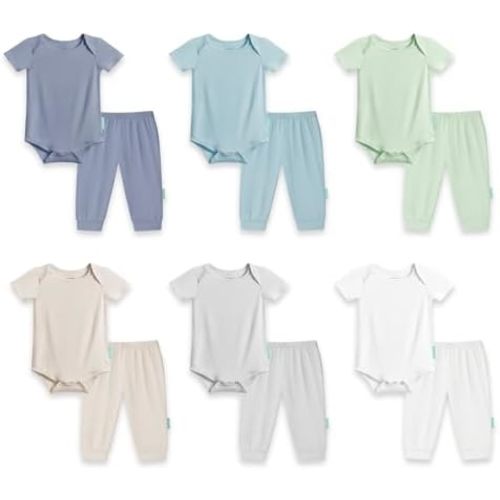 PurComfy Baby Bodysuits and Pants Set, 12-Piece Bamboo Viscose Unisex Baby Outfit, Matching Neutral Baby Clothes for 0-24M