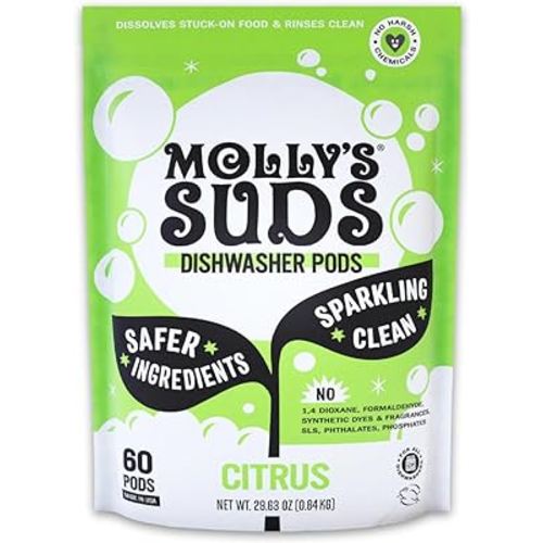 Molly's Suds Dishwasher Pods | Natural Dishwasher Detergent, Cuts Grease & Rinses Clean (Residue-Free) for Sparkling Dishes | 60 Auto-Release Tabs (Citrus)