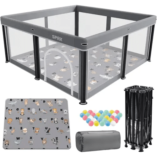 Foldable Baby Playpen with Mat,50"×50" Collapsible Playard for Babies and Toddlers,Indoor&Outdoor Kids Safety Play Pen,Portable Travel Playpen ‌with Travel Pack and 50 Ocean Balls