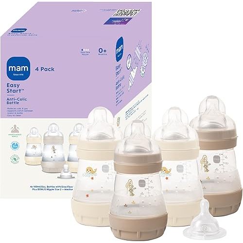 MAM 5oz Easy Start Anti-Colic Wide Neck Vented Baby Bottle, Slow Flow Breastfeeding-Like Nipple,Reduces Colic Gas & Reflux, Easy Clean, BPA Free,0+ Months, Made in Europe