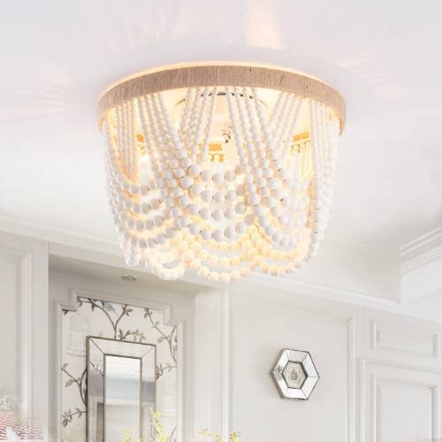 Vintage 3-Light Oak Wood Bead Matte White Bohemia Style Ceiling Lamp
