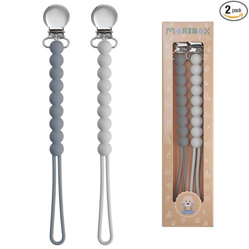 Pacifier Clip for Boys Girls - MORIBOX Paci Clip Soothie Baby Binky Holder for Shower Gift Birthday 2 Pack (Grey)