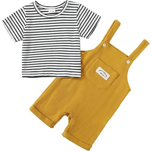 ZOEREA Toddler Baby Boys Clothes Summer Outfit Stripe T-Shirt and Shortall Romper Set Cute Jumpsuit Solid Color 6M-4T