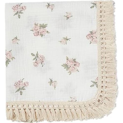 insular Cotton Muslin Baby Blanket with Tassel, Boho Bohemian Muslin Swaddle Blanket Baby Receiving Blanket with Fringe, Nursery Decor Throw or Nursing Blankets, 47" x40”, Pink Rose