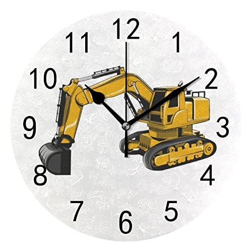Kuizee Silent PVC Wall Clock Non Ticking Battery Operated Excavator Construction Vehicle Uncovered Decoration Home Office Bedroom Living Room Mute Clock ,9.8 Inch